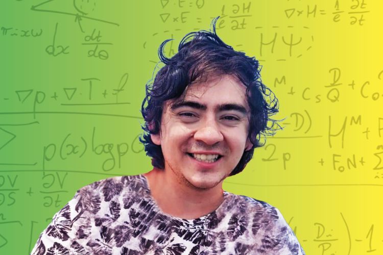Photo of Jose Esparza over a background of math equations colored in yellow and green