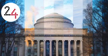 A photo of the MIT dome segmented into strips showing the lighting at different times of day from dawn at left to midday at center and dusk at right.  A 24 appears in a white circle overlay at top left.