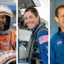 Three individual portraits of astronauts appear side by side. From left, Marcos Berrios in an orange spacesuit and helmet; Christina Birch in a blue flightsuit with a jet cockpit just visible behind her; and Christopher Williams in a blue flightsuit.