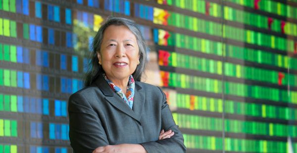 Portrait of Elizabeth Ng in a gray suit with arms folded. She is shown from the waist up and the background is a wall formed of colored rectangles, many bright green or blue.